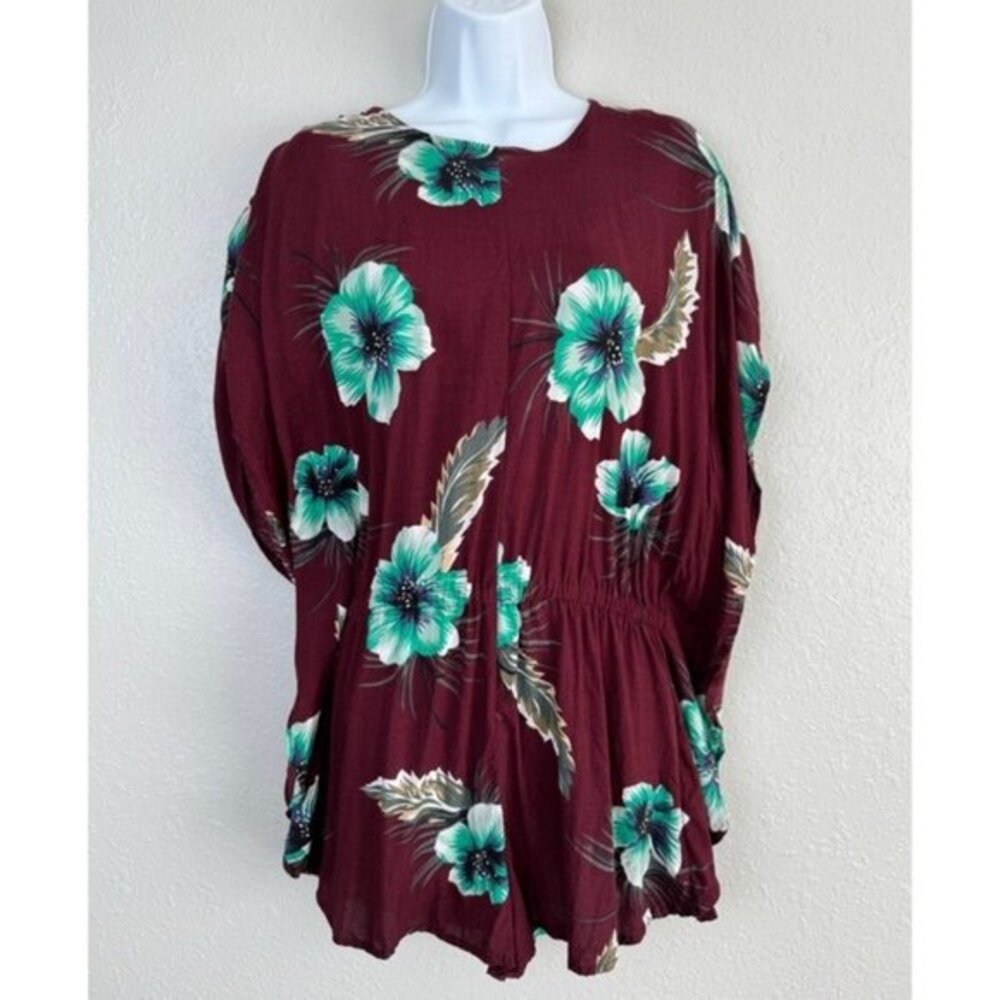 Volcom burgundy Hawaiian floral hibiscus romper Coverup S